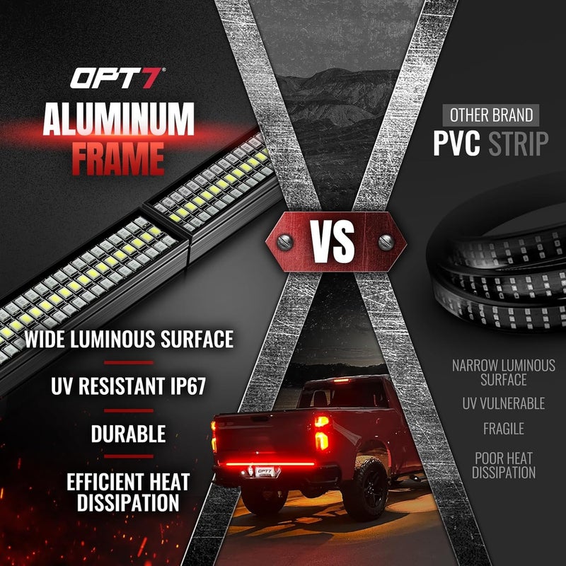 OPT7 48" Redline Parlux Triple Row LED Tailgate Light Bar w/Sequential Red Turn Signal - Rigid Aluminum Frame Light Strip – Fits 2005-2022 Colorado Canyon – Full Functions: Reverse Brake Running - Image 5